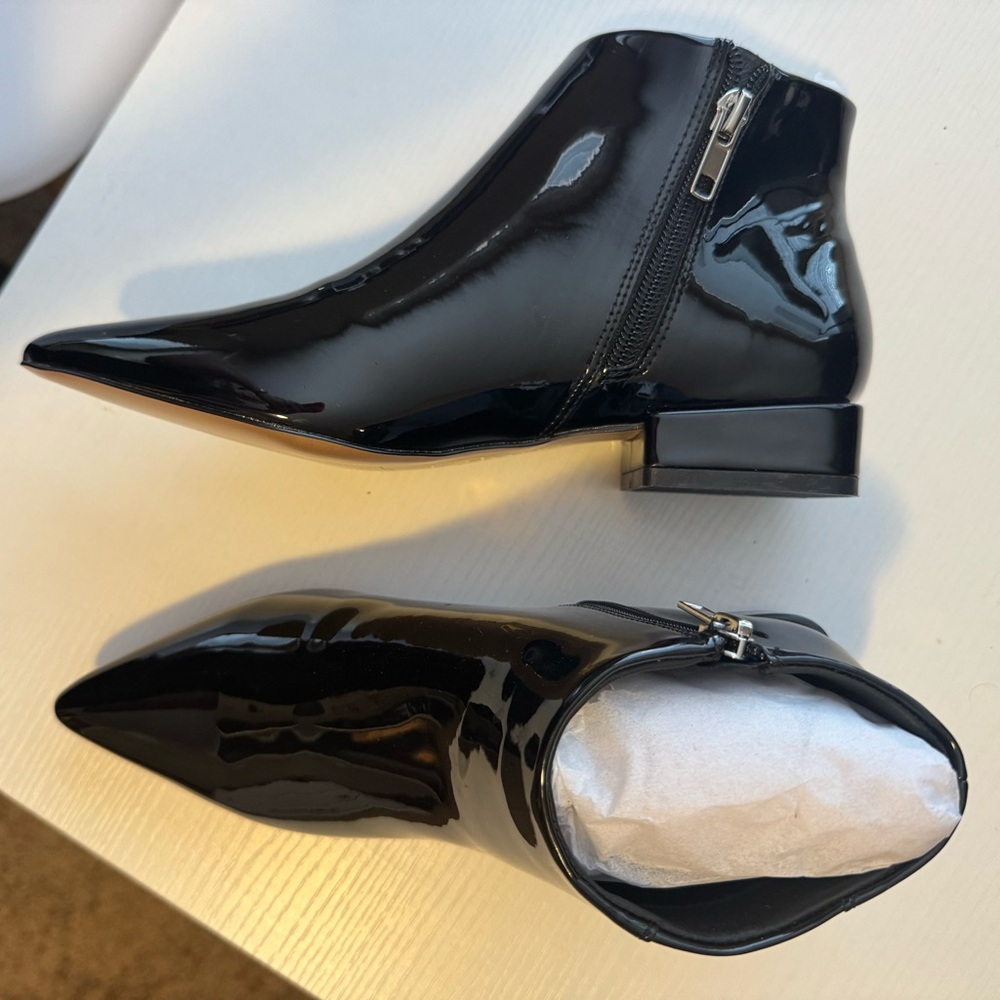 VHNY Glossy Black Patent Leather Ankle Booties